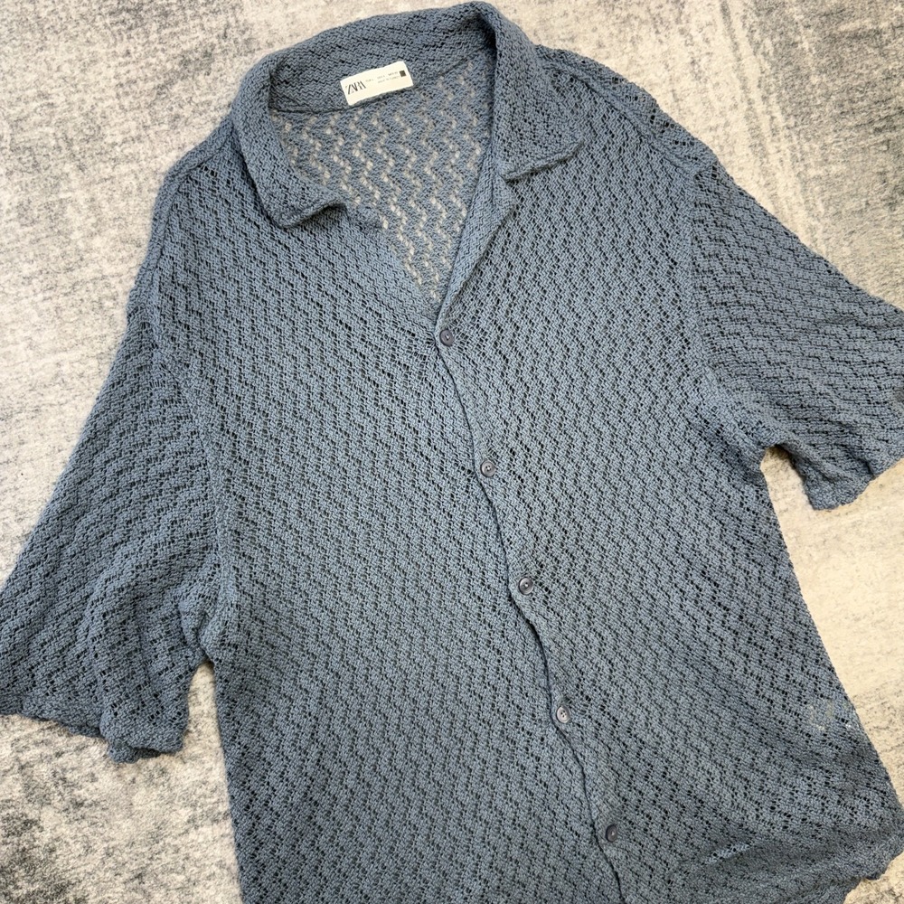 Zara Crochet Shirt Mens Large Slate Blue Open Knit Cotton Camp Resort READ